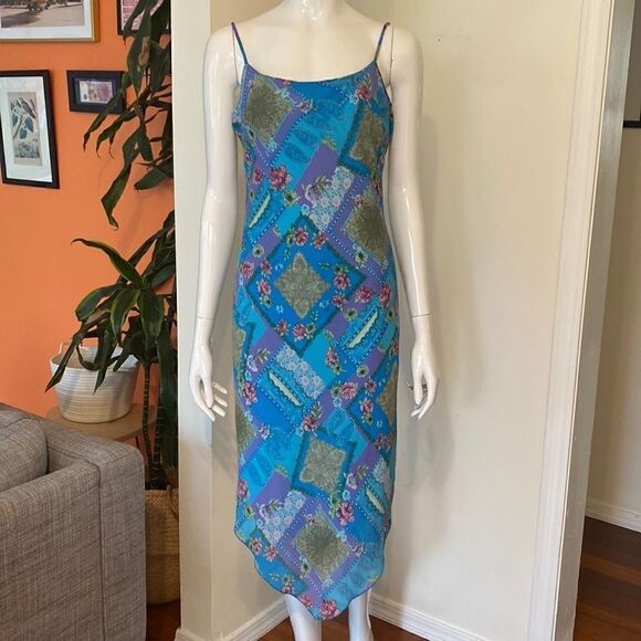 Vintage My Michelle Blue & Green Patchwork Handkerchief Midi Dress Size 9 - Picture 2 of 12